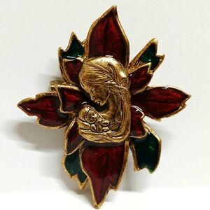 Vintage Enameled Goldtone Christmas Madonna Brooch